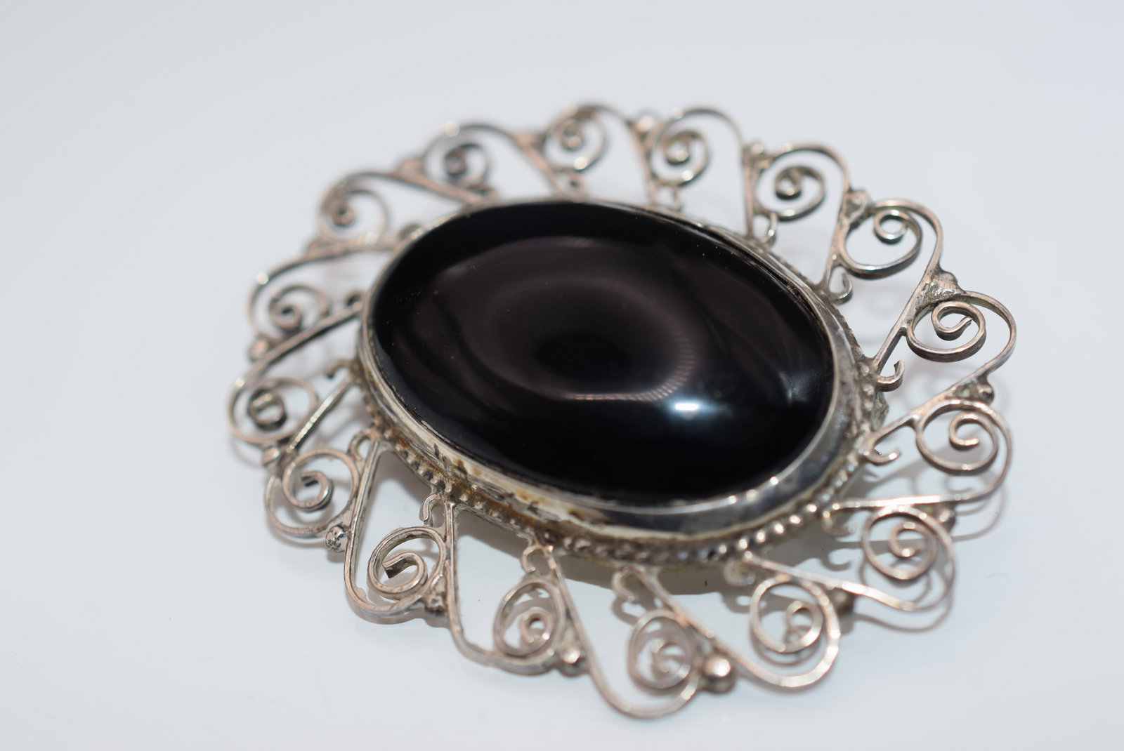 Mexico Sterling Silver 925 Onyx Silver Filigree Brooch Pin Vintage Lot Fi 194 (1 of 2)