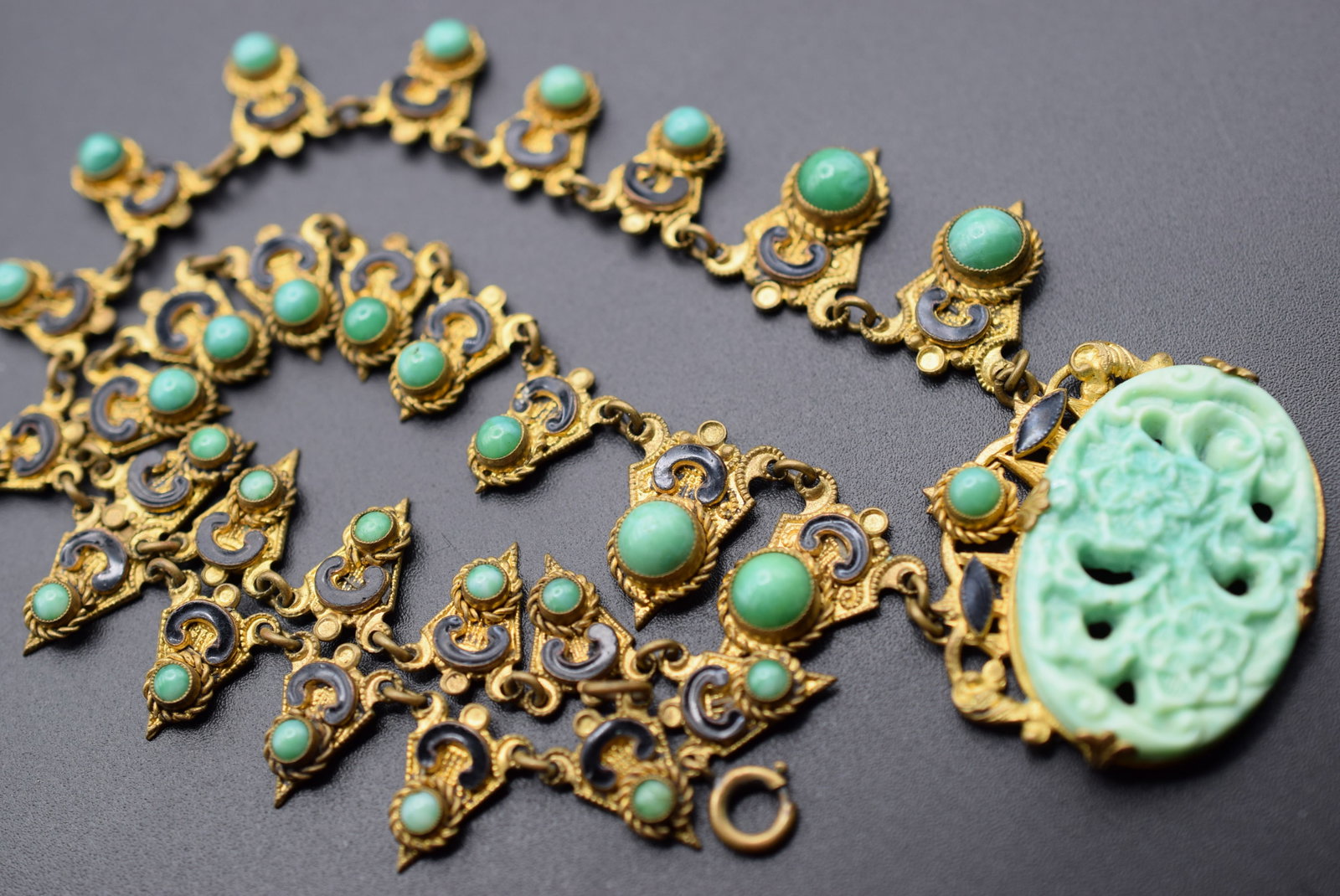 Czech Carved Jadeite Vintage Enamel Decatant Revival Necklace WOW !!! Lot Fi 330: Czech Carved Jadeite Vintage Enamel Decatant Revival Necklace WOW measures 16" long x 5/8" around the necklace and the center is 1 1/2" x 1 1/4"!!!