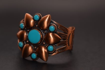 Copper Bell Turquoise Synthetic Cuff Bracelet Navajo Lot 638 (1 of 4)
