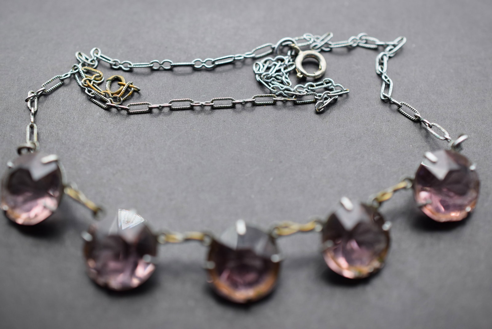 Czech Invisible Set Necklace Amethyst Vintage 1930's Lot 862: Czech Invisible Set Necklace Amethyst Rhinestone Vintage 1930's Fine Fine chain and scrollwork detailed back of stone settings measures 16 1/2" long