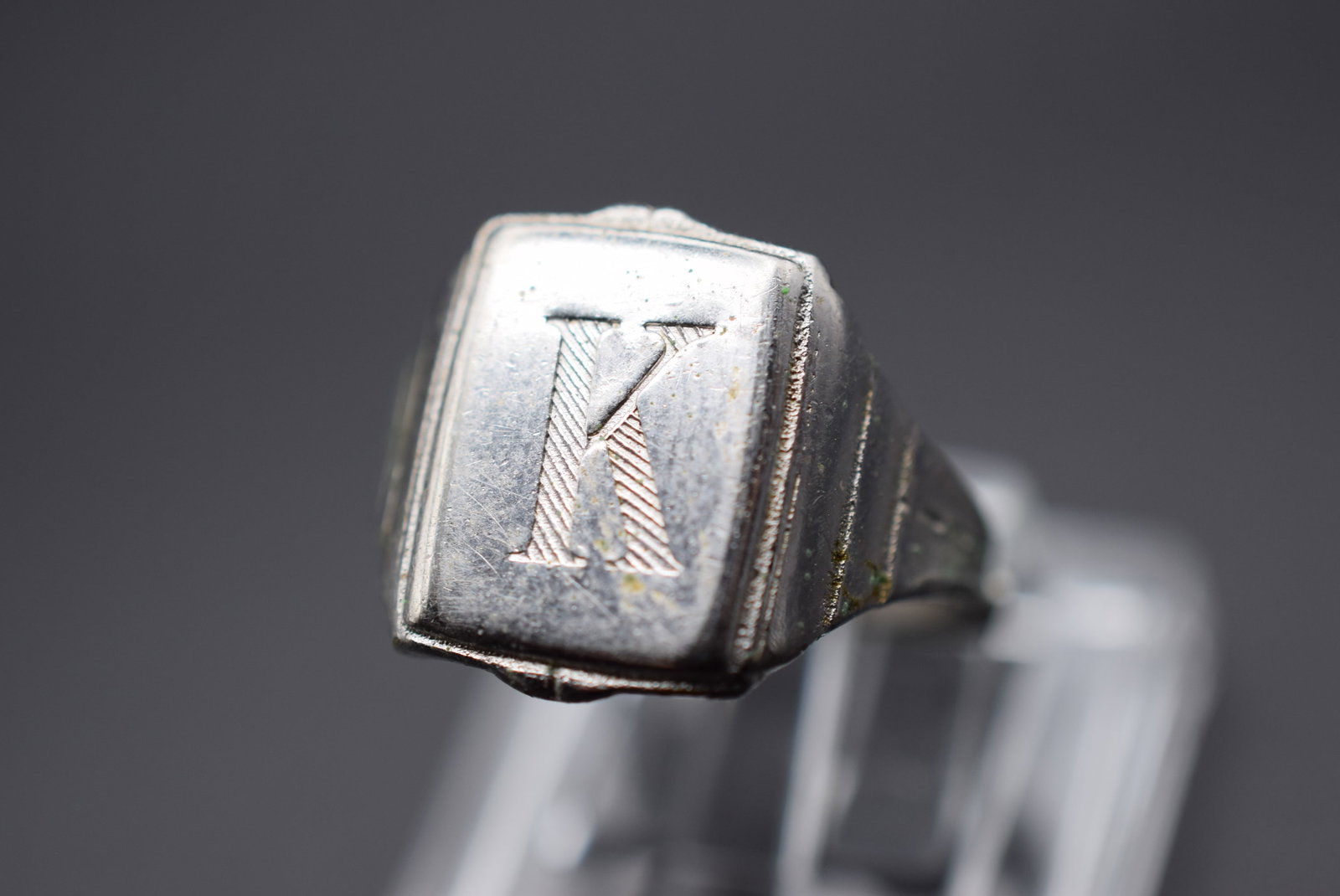K One Size Vintage Ring 1940's Lot GJ 191: K One Size Vintage Ring top measures 5/8" currently at size 3 but can be adjusted up or down with the built in sizer