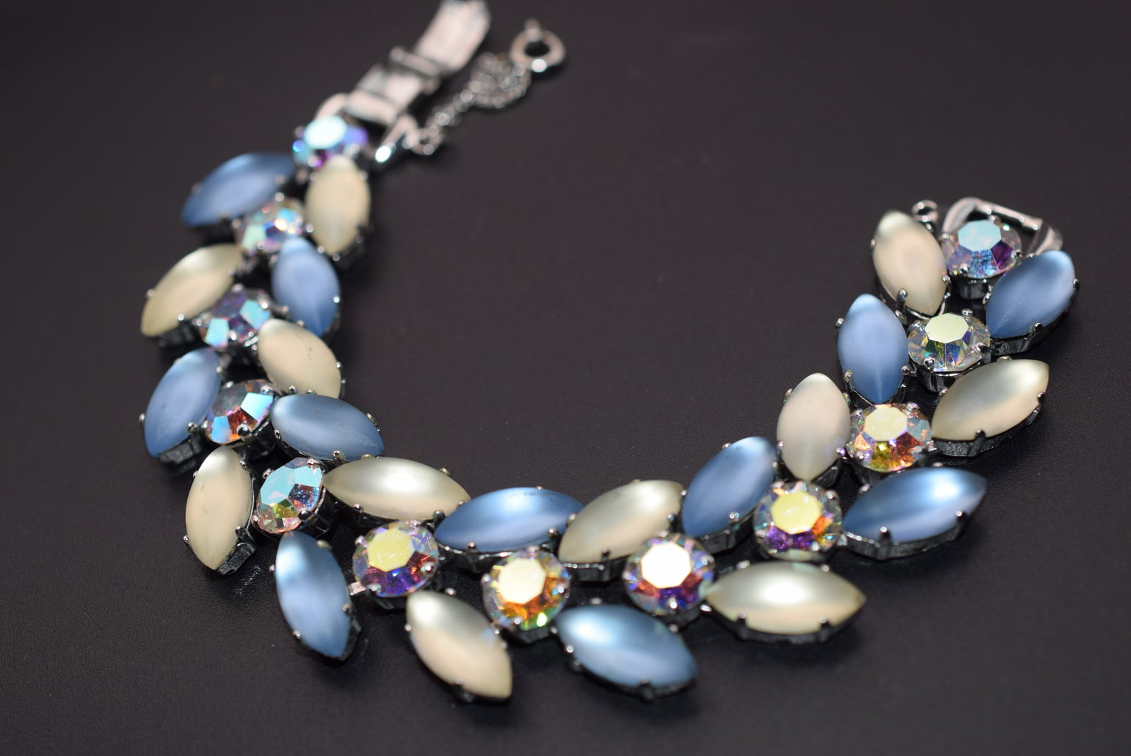 1940's Vintage Rhinestone Navette Bracelet Lot GJ 401: 1940's Vintage Rhinestone Navette Bracelet measures 7 3/4" long all beautiful Frosted Glass