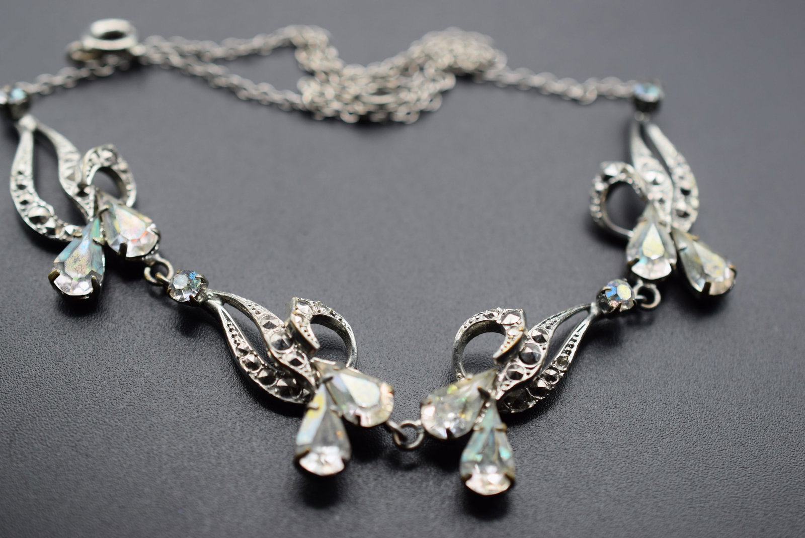 1940's Rhinestone Marcasite Vintage Necklace Lot HK 96: 1940's Rhinestone Marcasite Vintage Necklace one marcasite missing