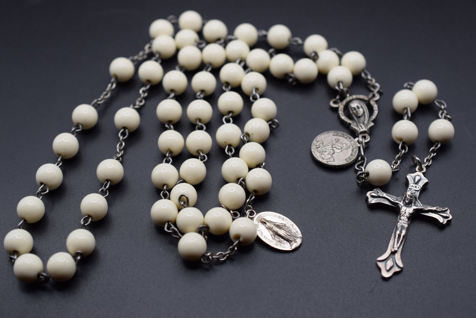 Vintage Rosary 23" Hanging Length extra medals Lot HK 110: Vintage Rosary 23" Hanging Length extra medals attached