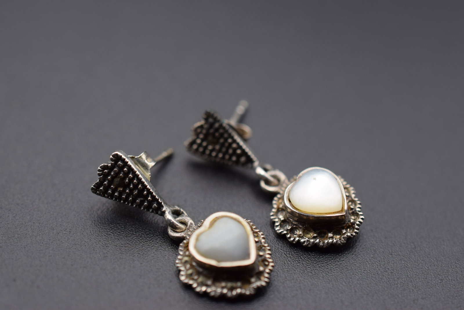 Vintage Earrings Marcasitre Sterling Mother Pearl Pierced Hearts Lot HK 145: Vintage Earrings Marcasitre Sterling Mother Pearl Pierced Hearts
