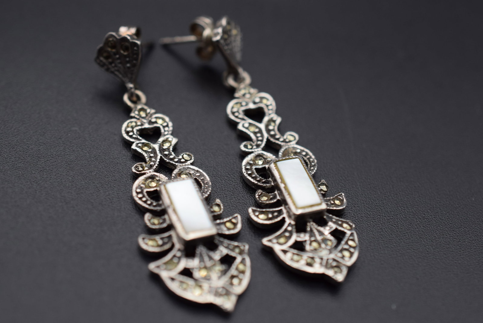 Marcasite Mother of Pearl Shoulder Duster Sterling Silver Vintage Pierced Earrings Lot HK 261: Marcasite Mother of Pearl Shoulder Duster Sterling Silver Vintage Pierced Earrings