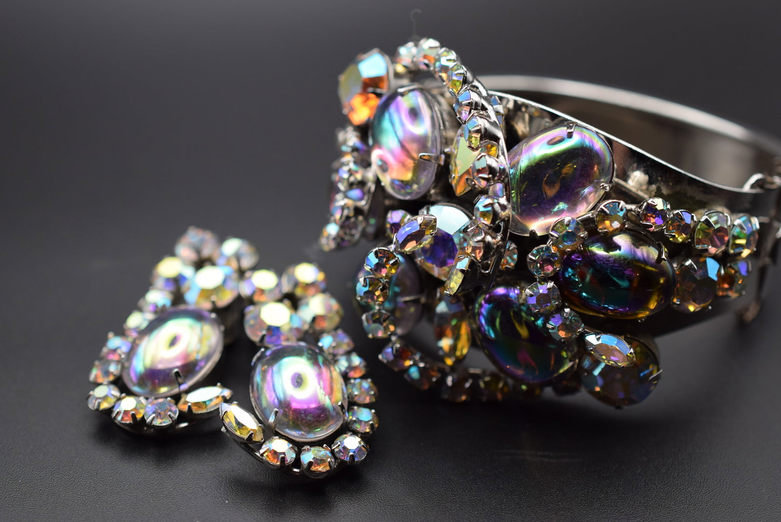 Clamper Cuff 1940's Rainbow Cabochon Bracelet Earrings Vintage Lot HK 312 (1 of 3)