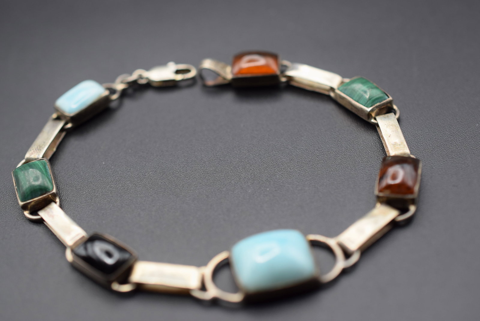 Malachite Amber Larimar Onyx Sterling 11.47 gram 7 3/4" long Signed Bracelet Vintage Lot HK 327: Malachite Amber Larimar Onyx Sterling 11.47 gram 7 3/4" long Signed Bracelet Vintage
