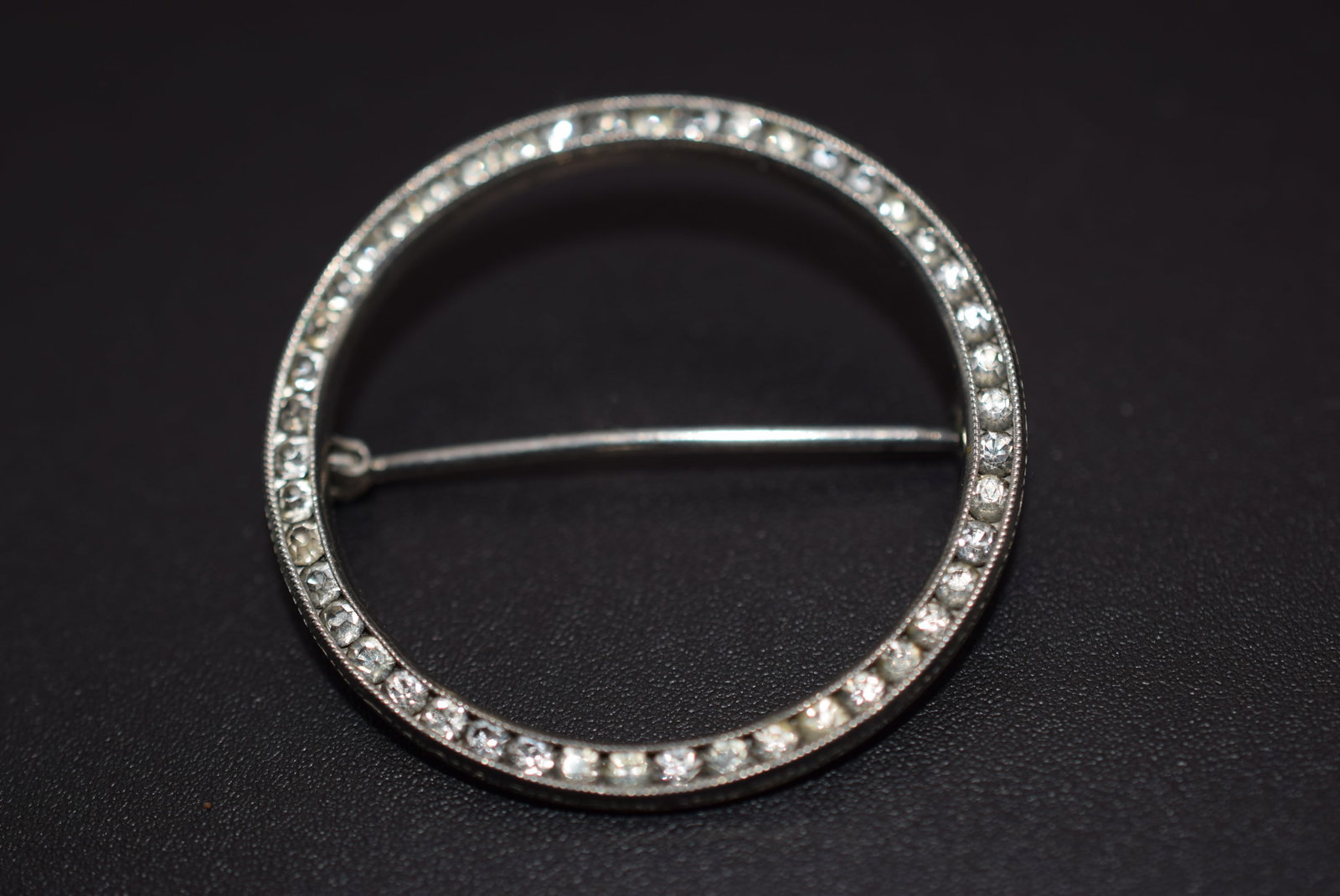Eternity Brooch Pin Thread scarf thru Rhinestones Lot# BE 373: Eternity Brooch Pin Thread scarf thru Rhinestones measures 1 3/8" in diameter