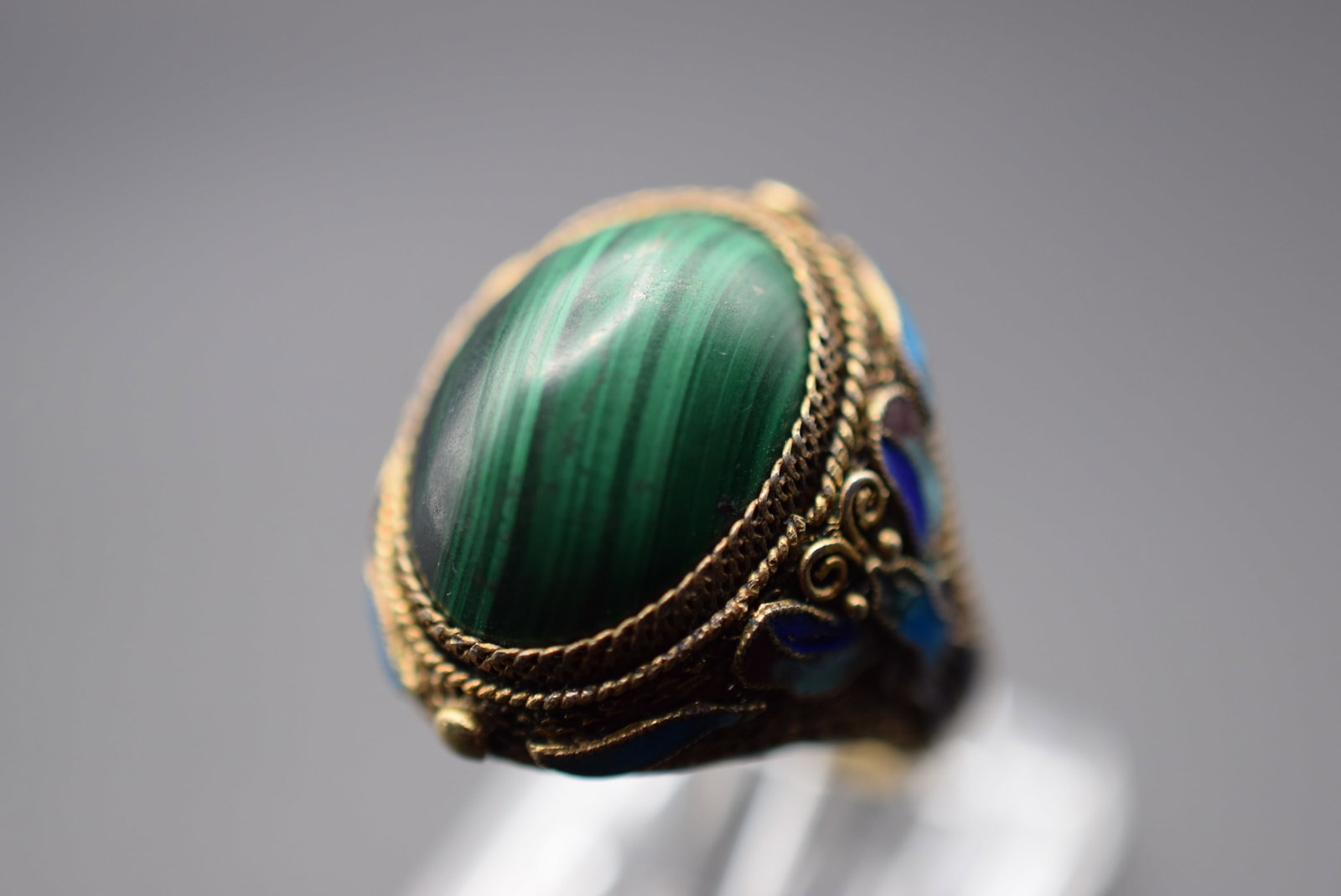 Malachite Enamel Filigree Ring Vintage Sterling Size 7 Lot HK 417 (1 of 4)