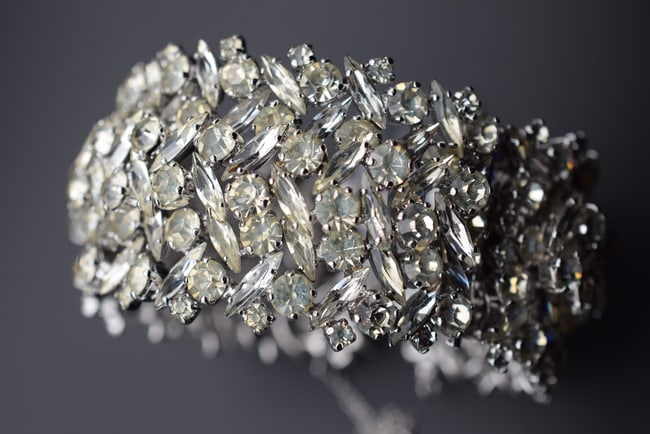 Sherman Rigid Cuff Bracelet Signed Rhinestone 1940's Vintage Lot EH 559: Sherman Rigid Cuff Bracelet Signed Rhinestone 1940's Vintage measures 1 5/8" wide Signed Sherman inside on the clasp has a working safey chain