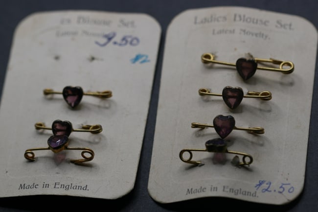 Heart Pins (7) Amethyst on original cards Lot 563: Heart Pins (7) Amethyst on original cards marked Ladies blouse set latest novelty !! Measures 1 1/4" and smals are 1" wide