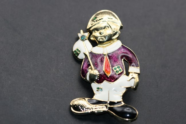 Enamel Figural Hobo Man Brooch Pin Lot 1015: Enamel Figural Hobo Man Brooch Pin measures 2 3/8" x 1 3/8"