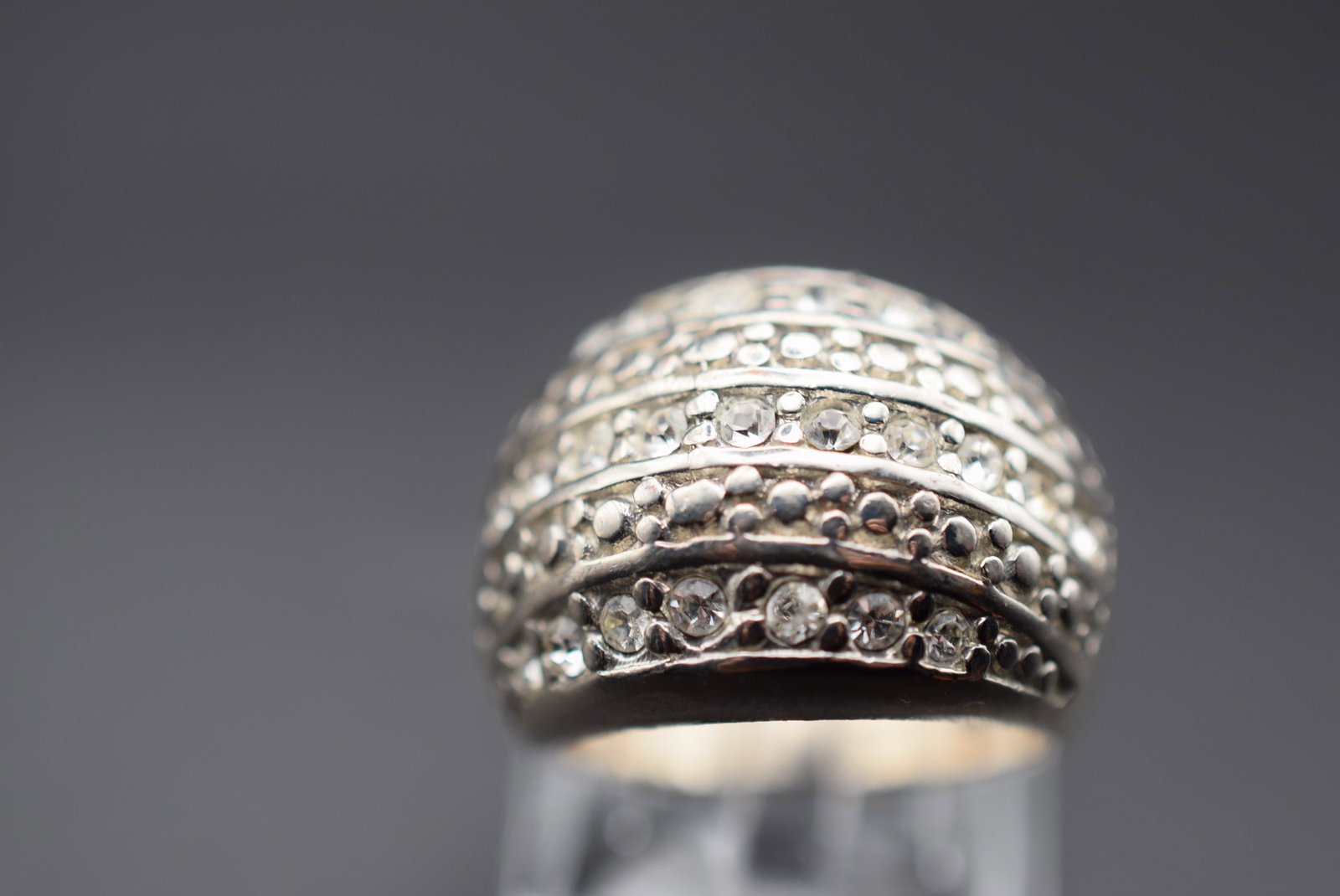 CZ Huge Dome Vintage Ring Size 8 Lot EH 1067: CZ Huge Dome Vintage Ring Size 8 top measures 3/4" signed inside capital M with one dot over top right