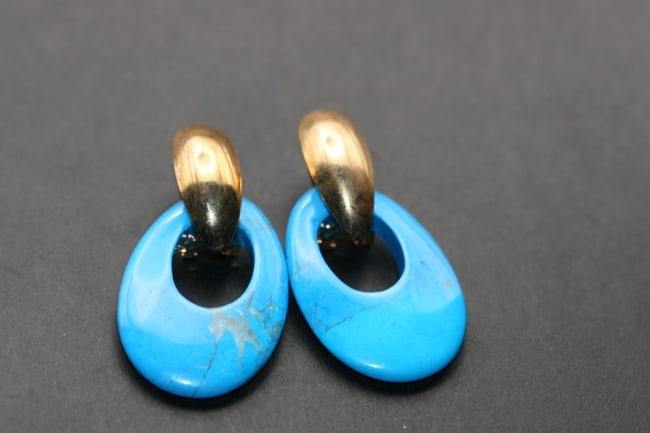 Turqouise Stone Hoop Drop Pierced Earrings Lot 1089: Turqouise Stone Hoop Drop Pierced Earrings measure 1 7/8" x 1"