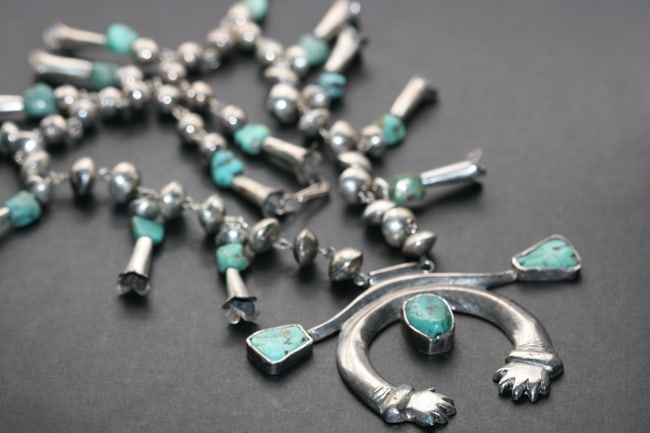 Bea Squash Blossom Old Pawn Navajo Sterling Silver 925 Turquoise Necklace Lot 1239: BEA Squash Blossom Old Pawn Navajo Vintage Sterling Silver 925 Turquoise Necklace measures 22" long the pendant measures 4" x 2 1/2" weighs 88.22 grams is signed on the back BEA Sterling magnificent !
