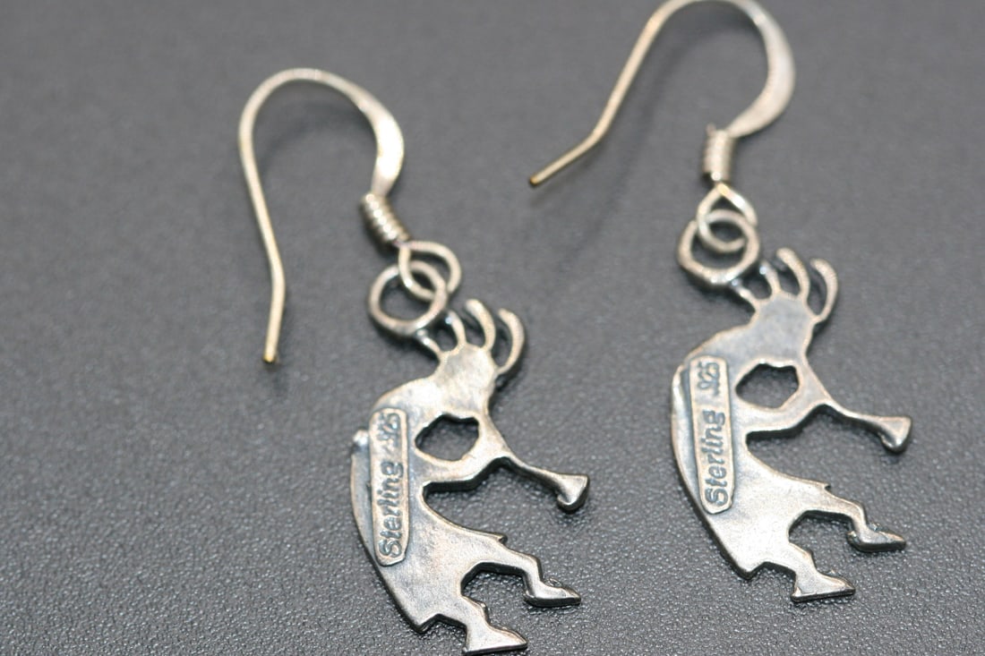 Midwestern Native American KOKOPELLI Sterling 925 pierced earrings .Lot#84: Midwestern Native American KOKOPELLI Sterling 925 pierced earrings note the signature stamping of the word sterling on the back measures 7/8" x 1/2"