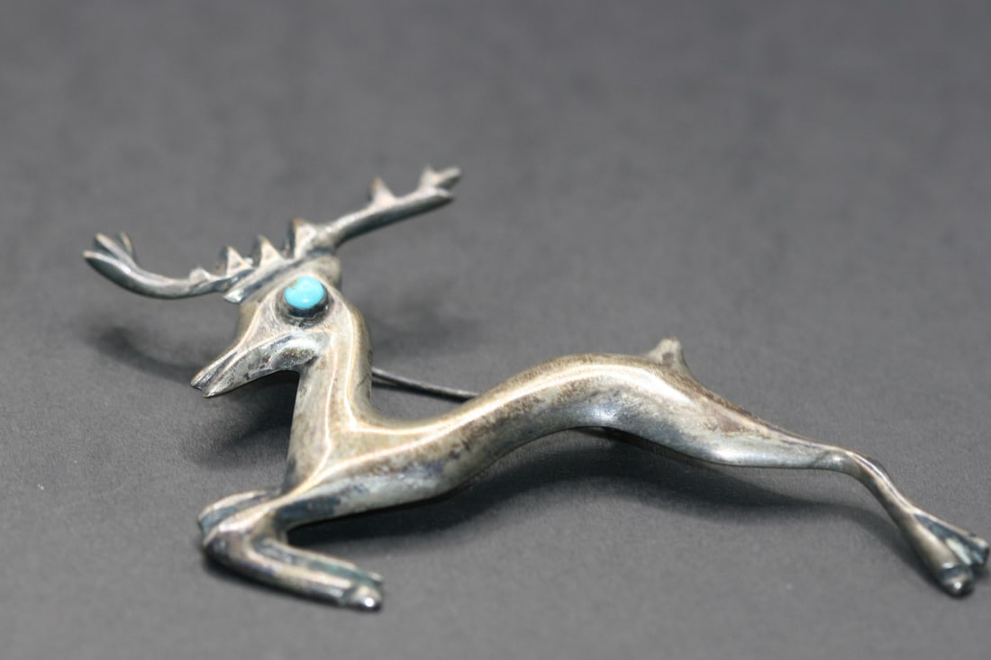 Sterling Silver 925 Animal Brooch Pin Antelope Deer Turquoise Vintage .Lot#272 (1 of 3)