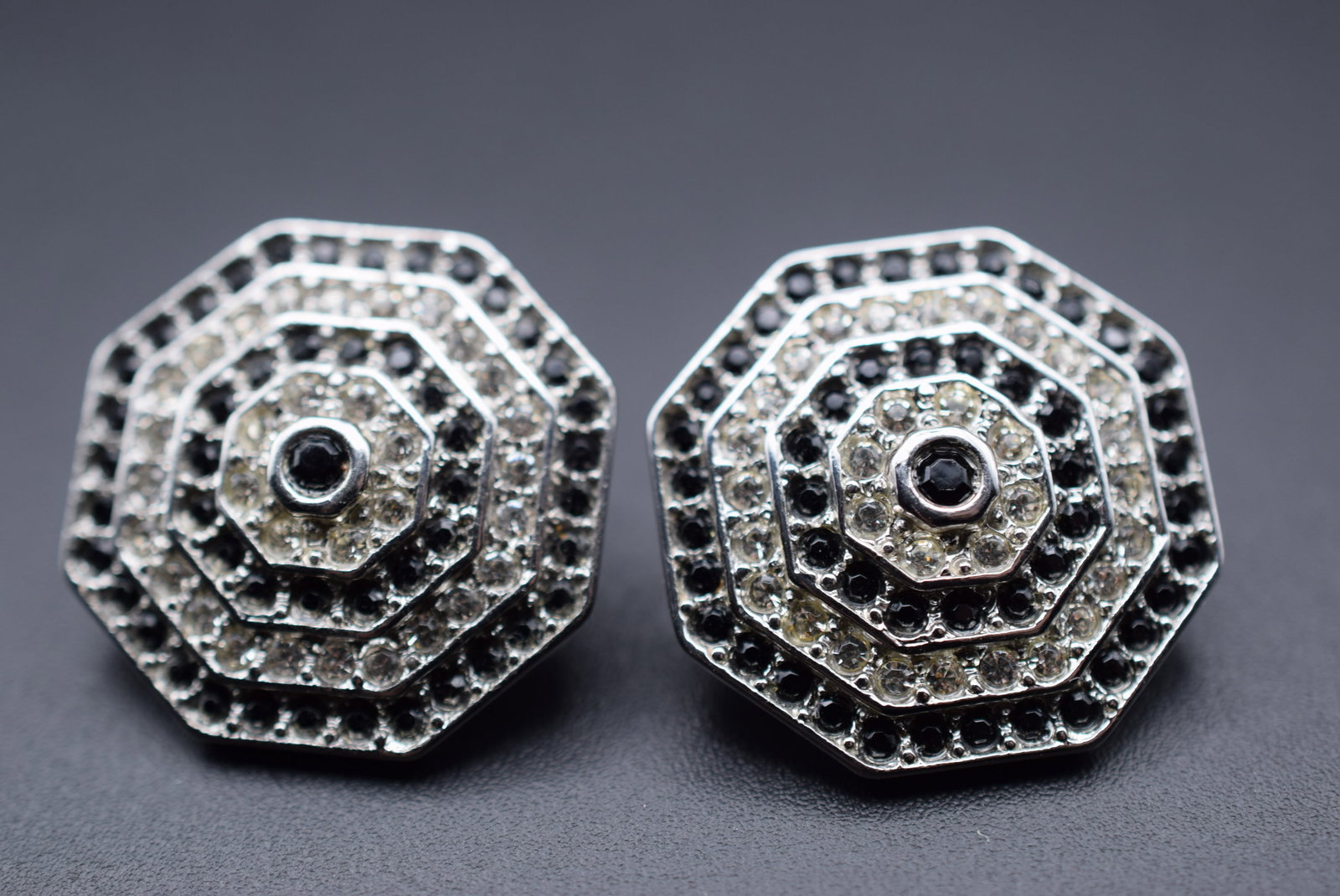 Hexagon Rhinestone Vintage Pierced Earrings Lot#CF 338: Hexagon Rhinestone Vintage Pierced Earrings measures 1" in diameter no butterflies