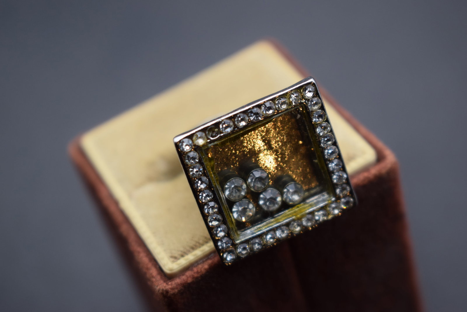 Rhinestone Floating Crystals Square Ring One Size Lot 364: Rhinestone Floating Crystals Square Ring One Size Smallest is size 7 top measures 7/8"x7/8"