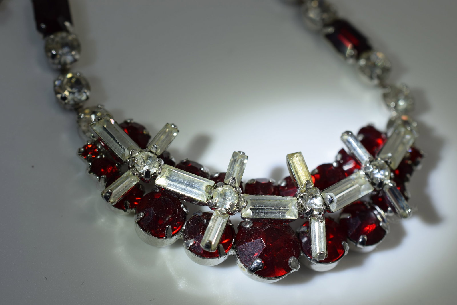 Red Rhinestone Jay Flex Sterling Necklace Earrings Lot IL 425: Red Rhinestone Jay Flex Sterling Necklace with matching Converted Pierced Earrings very well done, Necklace measures 16" Long