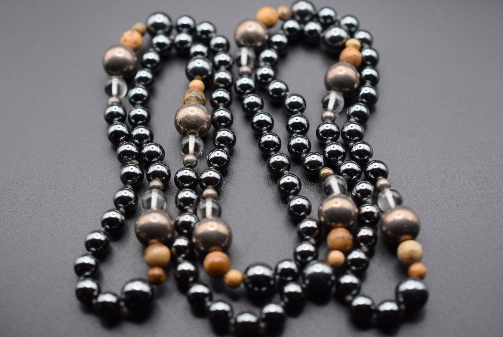Hematite Tiger's Eye Silver Ball Necklace Vintage 36" Lot Fi 471: Hematite Tiger's Eye Silver Ball Necklace Vintage measures 36"