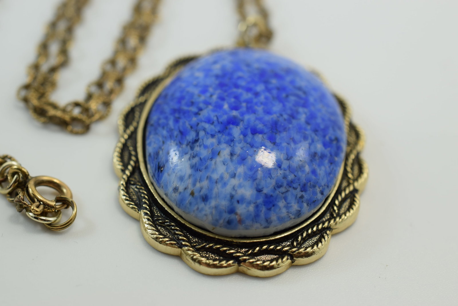 1950's Faux Lapis Huge Pendant 2 1/8" Necklace Lot IL 512: 1950's Faux Lapis Huge Pendant 2 1/8" on a Detailed 24" Vintage Chain Necklace
