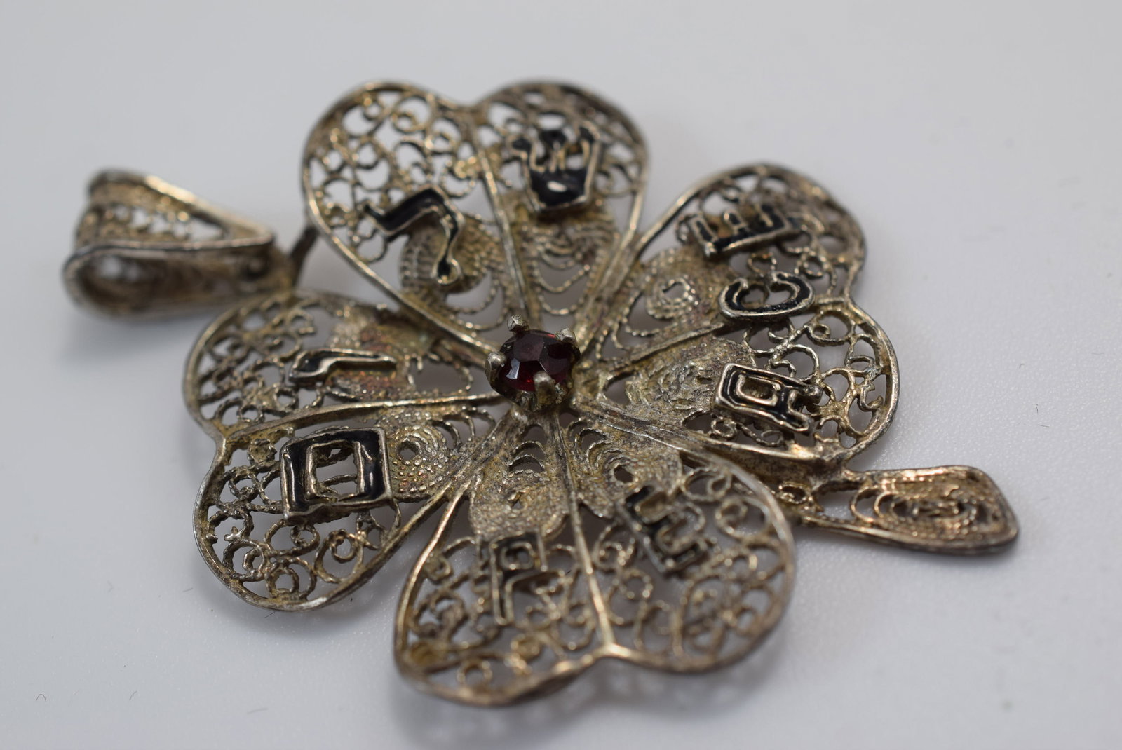 Hebrew Enamel Peace Filigree Clover Flower Pendant Vintage 2" Lot IL 556 (1 of 4)