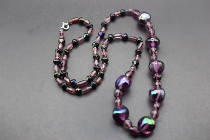 Purple Glass and Crystal Vintage Necklace Lot 625: Purple Glass and Crystal Vintage Necklace Measures 27" Long