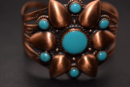 Copper Bell Turquoise Synthetic Cuff Bracelet Navajo Lot 638: Copper Bell Turquoise Synthetic Cuff Bracelet Navajo Beautiful signed inside Copper Bell top measures 1 7/8" across