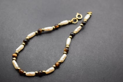 Tiger Eye Freshwater Pearl Bracelet Vintage Lot 676 (1 of 2)