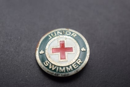 Red Cross Junior Swimmer Badge Vintage Enamel Brooch Lot 784: Red Cross Junior Swimmer Badge Vintage Enamel Brooch measures 7/8" in diameter