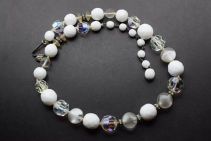 1940's Vintage White Glass Crystal Necklace Lot 792: 1940's Vintage White Glass Crystal Necklace measures 17" long can be worn as short as 14 1/2" by using the connector hook