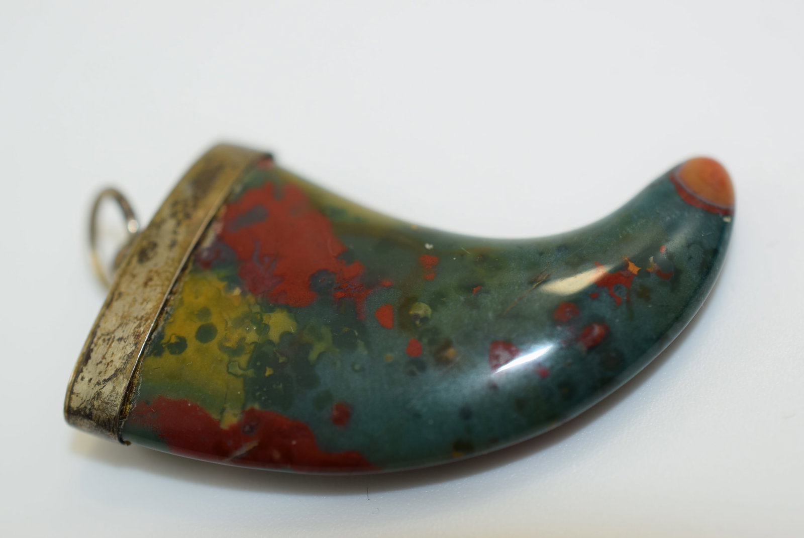 Scot 800 Silver Moss Agate Horn Pendant Vintage 1 1/2" signed 800 Lot IL 812: Scot 800 Silver Moss Agate Horn Pendant Vintage 1 1/2" signed 800 on the O Ring