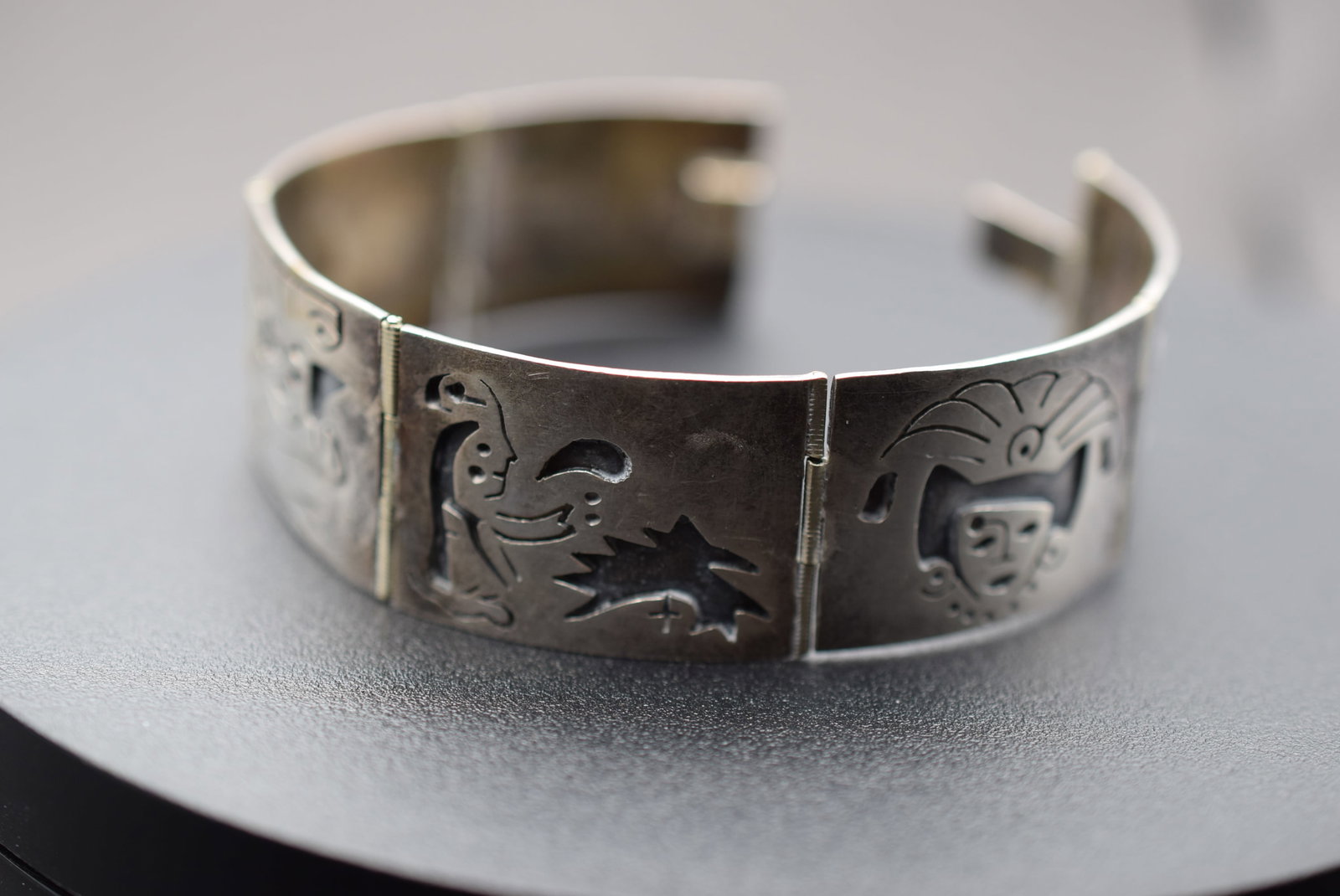 Taxco Bracelet Sterling 925 Shadow Box Lot 991: Taxco Bracelet Sterling 925 Shadow Box measures 7 1/4" x 7/8" signed 925 Taxco Sterling and eagle 2 marking weighs 31.67 grams