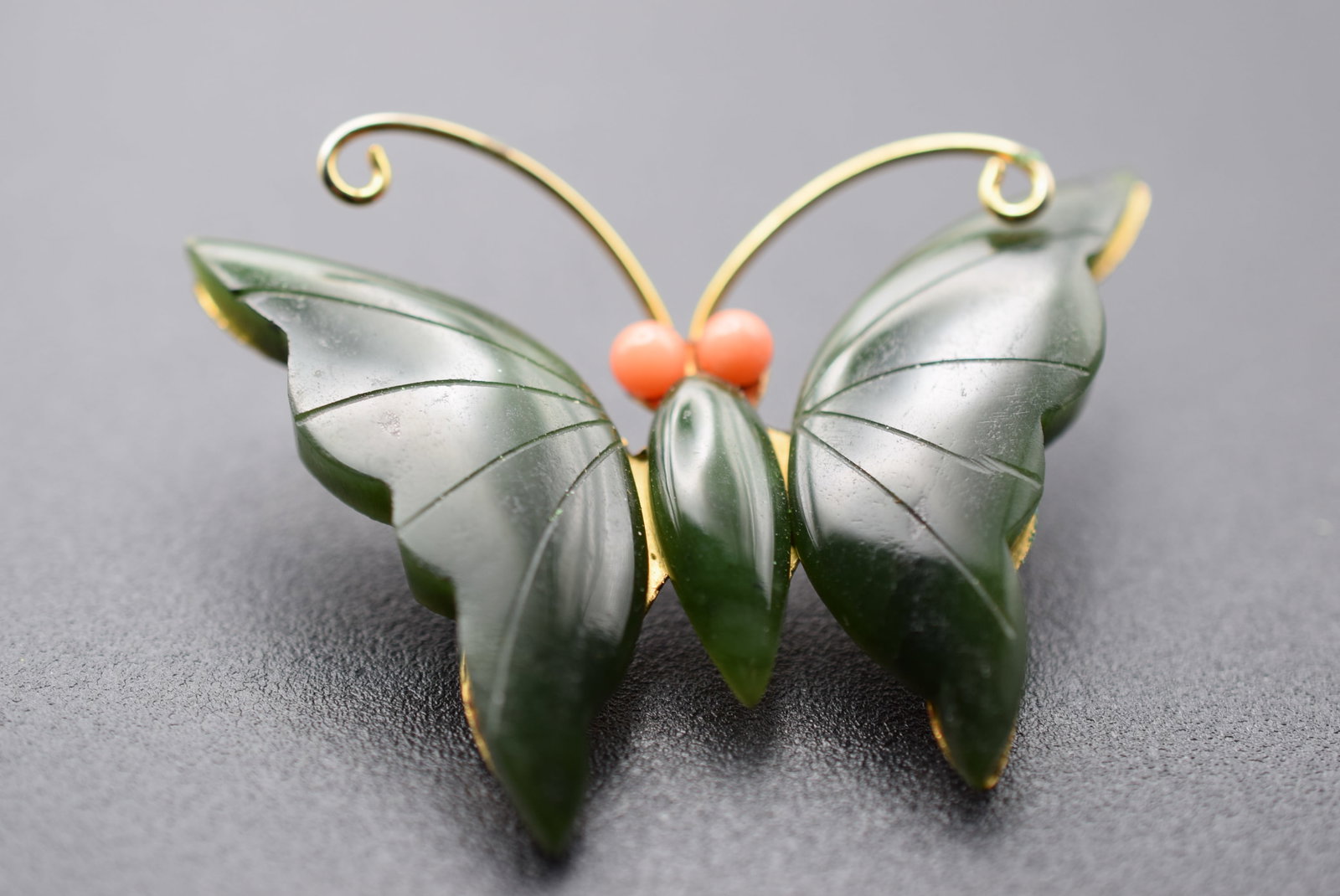 Jade Coral Butterfly Brooch Pin Lot 1016: Jade Coral Butterfly Brooch Pin measures 2 1/8" x 1 1/2"