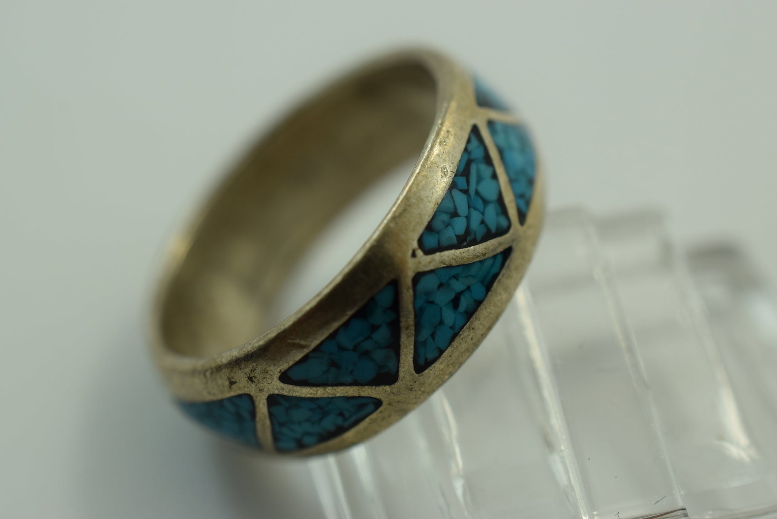 Sterling Native Band Turquoise Chip Ring Size 4.75 signed sterling Lot IL 1030: Sterling Native Band Turquoise Chip Ring Size 4.75 signed sterling inside 3/8" wide