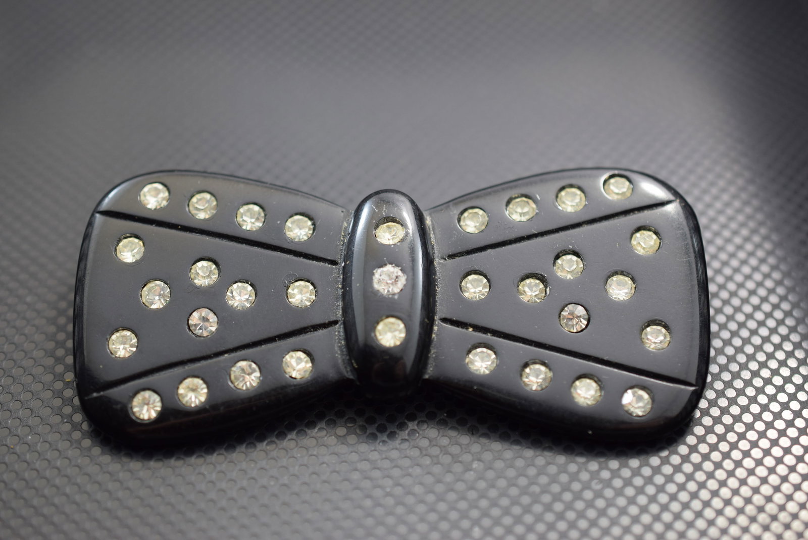 Celluloid Black Bow Rhinestone Vintage Brooch Pin Lot IL 1126: Celluloid Black Bow Rhinestone Vintage Brooch Pin 2 5/8"