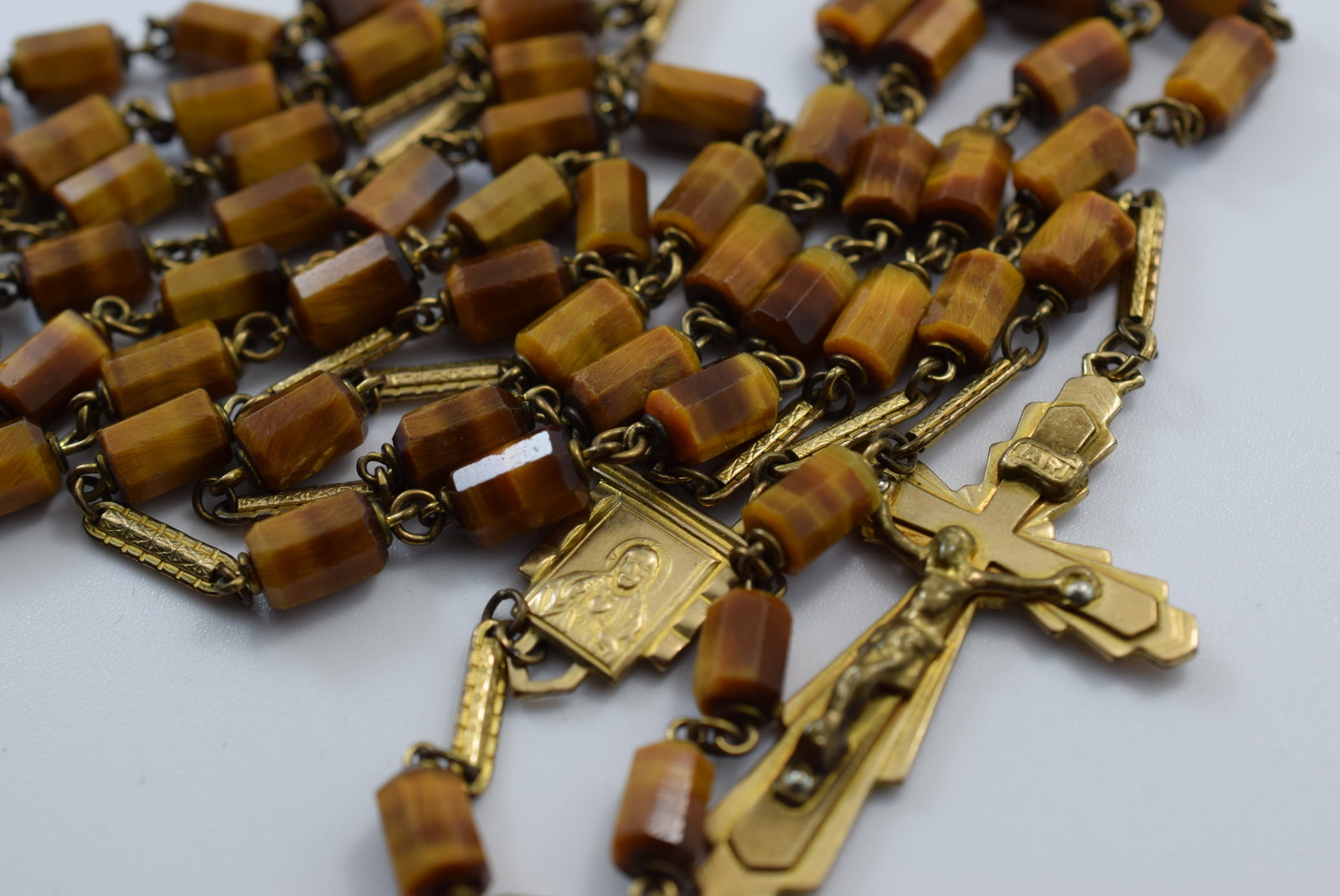 Wow Signed PL Tiger's Eye Rosary 1958 Vintage Lot # JM 33: Wow Signed PL Tiger's Eye Rosary 1958 Vintage hanging length 24 3/8" long
