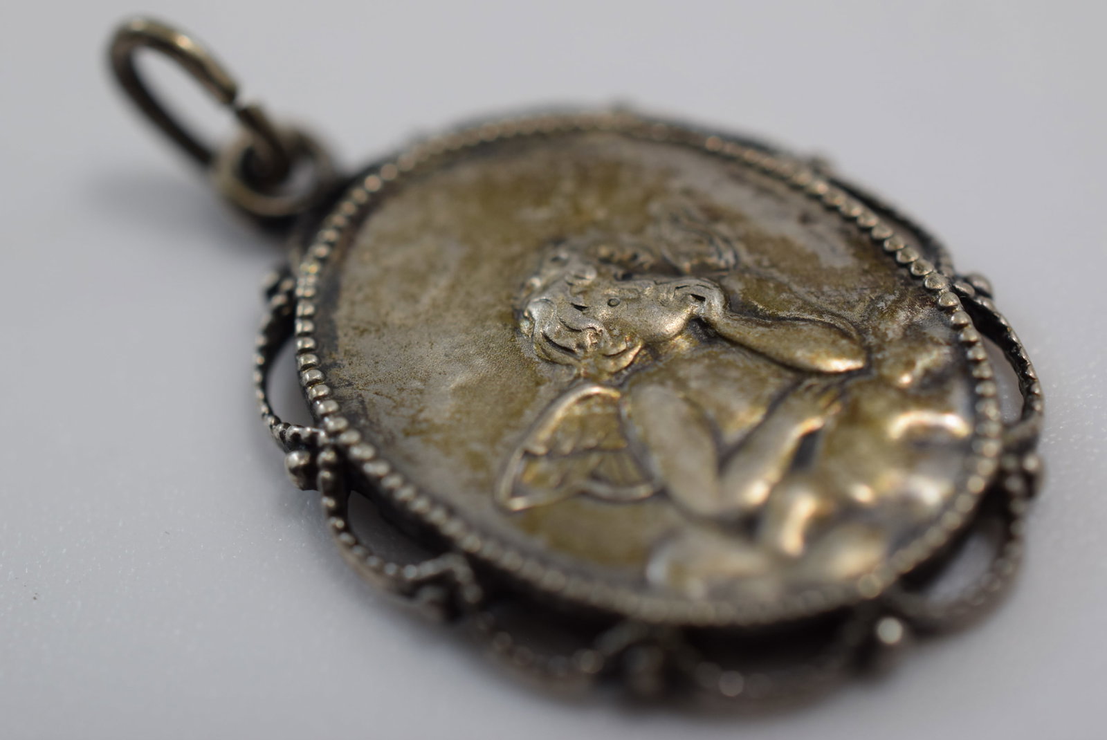 Winged Cherub Angel 835 Sterling Silver 1940's Signed Vintage Lot # JM 230: Winged Cherub Angel 835 Sterling Silver 1940's Signed Vintage measures 3/4" plus the bale see pics for signatures
