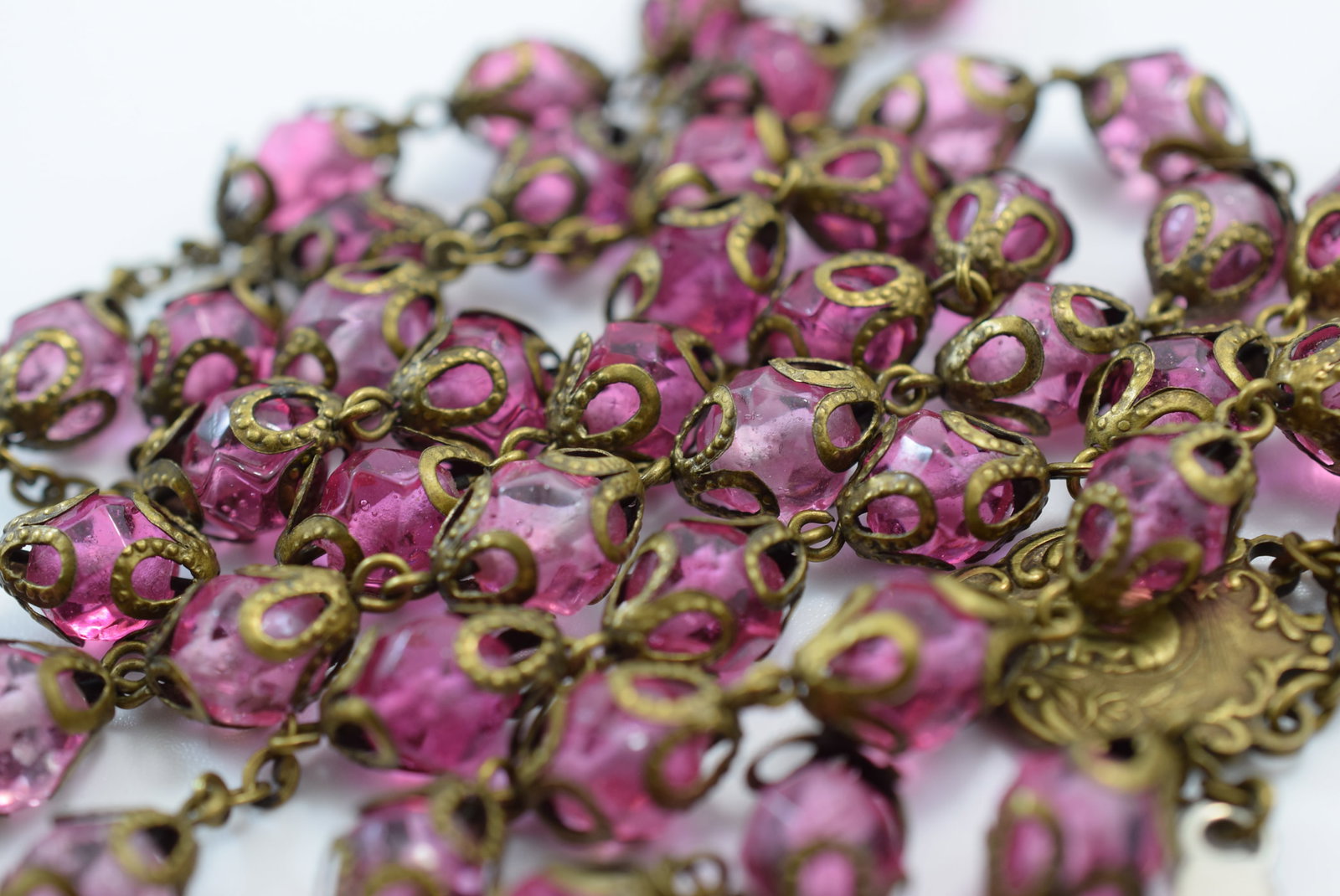 Magnificent Rose Crystal Double Capped OLD Rosary Hanging 24" Vintage Lot # JM 589: Magnificent Rose Crystal Double Capped OLD Rosary Hanging 24" Vintage