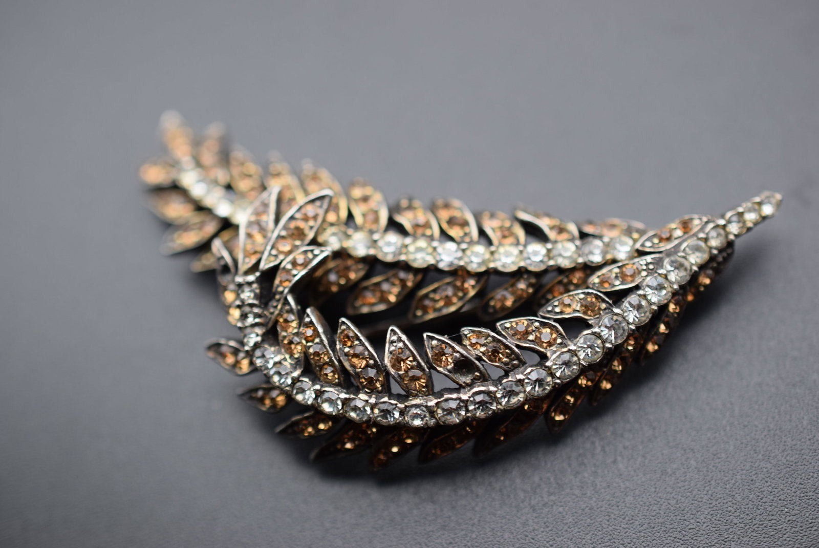 LeC Marcel Boucher Rhinestone Vermeil Vintage Brooch Pin Lot 730: LeC Joel Mazer Boucher Rhinestone Vermeil Vintage Brooch Pin measures 2 5/8" x 1 1/8" missing 3 small stones signed LeC 3267
