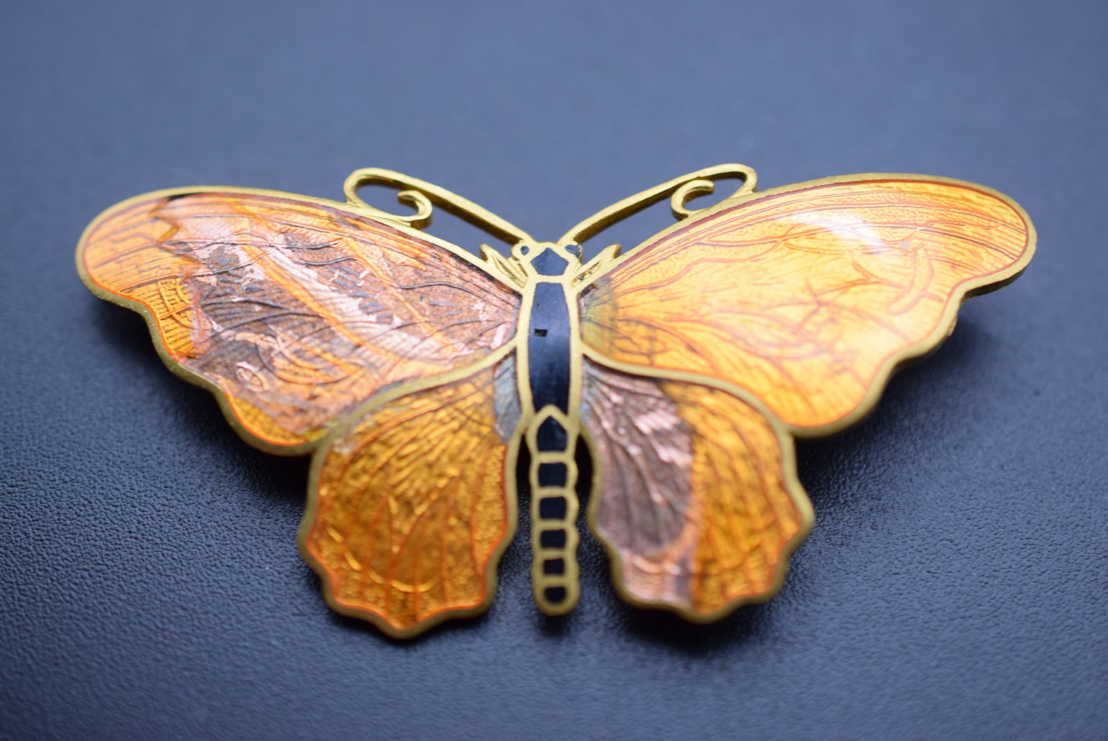 Sporrong & CO Stockholm Enamel Scandinavia Butterfly Orange Brooch Pin Sterling Vermeil Vintage #797: Sporrong & CO Stockholm Enamel Scandinavia Butterfly Orange Brooch Pin Sterling Vermeil Vintage measures 2 1/4" x 1 1/8" signed Sporrong & Co Stockholm