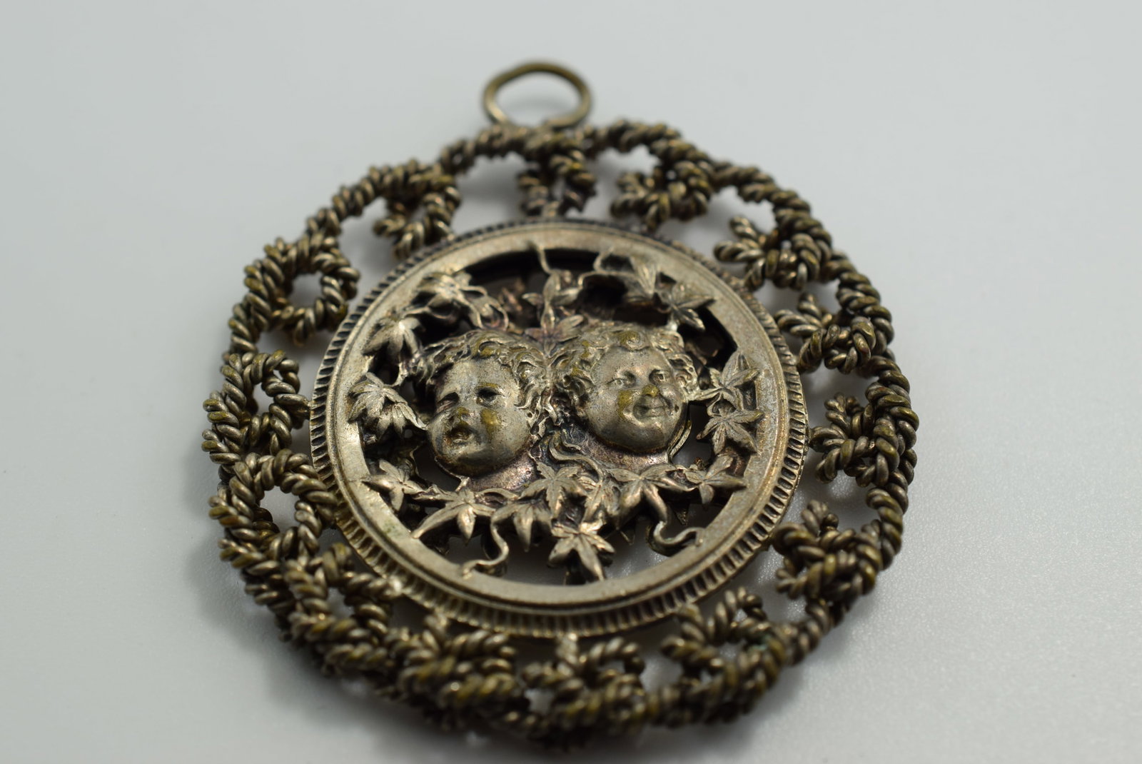 Edwardian 2 sided Repousse 2" Pendant Cherubs Vintage Lot # JM 811 (1 of 2)