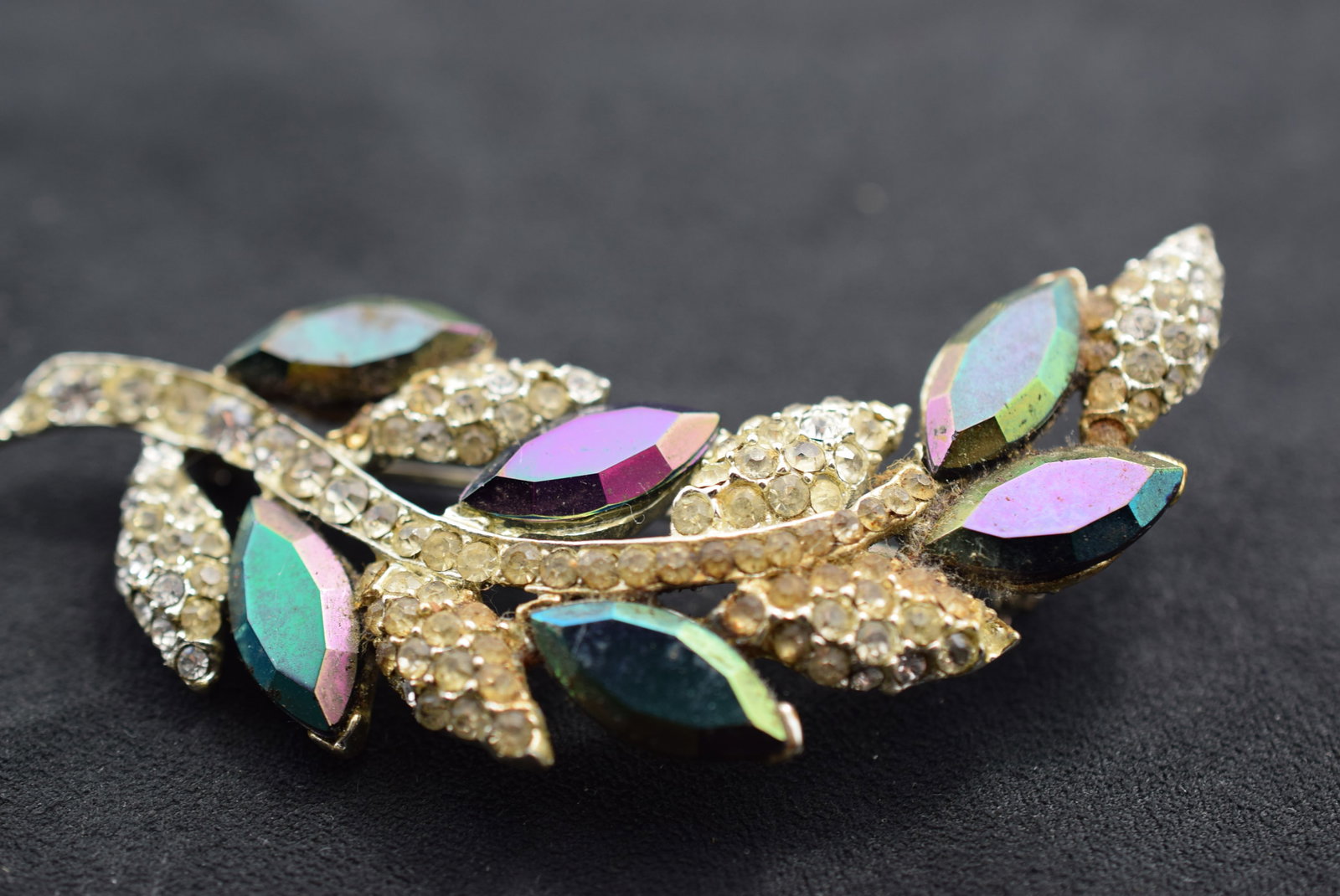 Huge 3" Leaf Rhinestone Flower Brooch Pin Vintage Lot # JM 865: Huge 3" Leaf Rhinestone Flower Brooch Pin Vintage