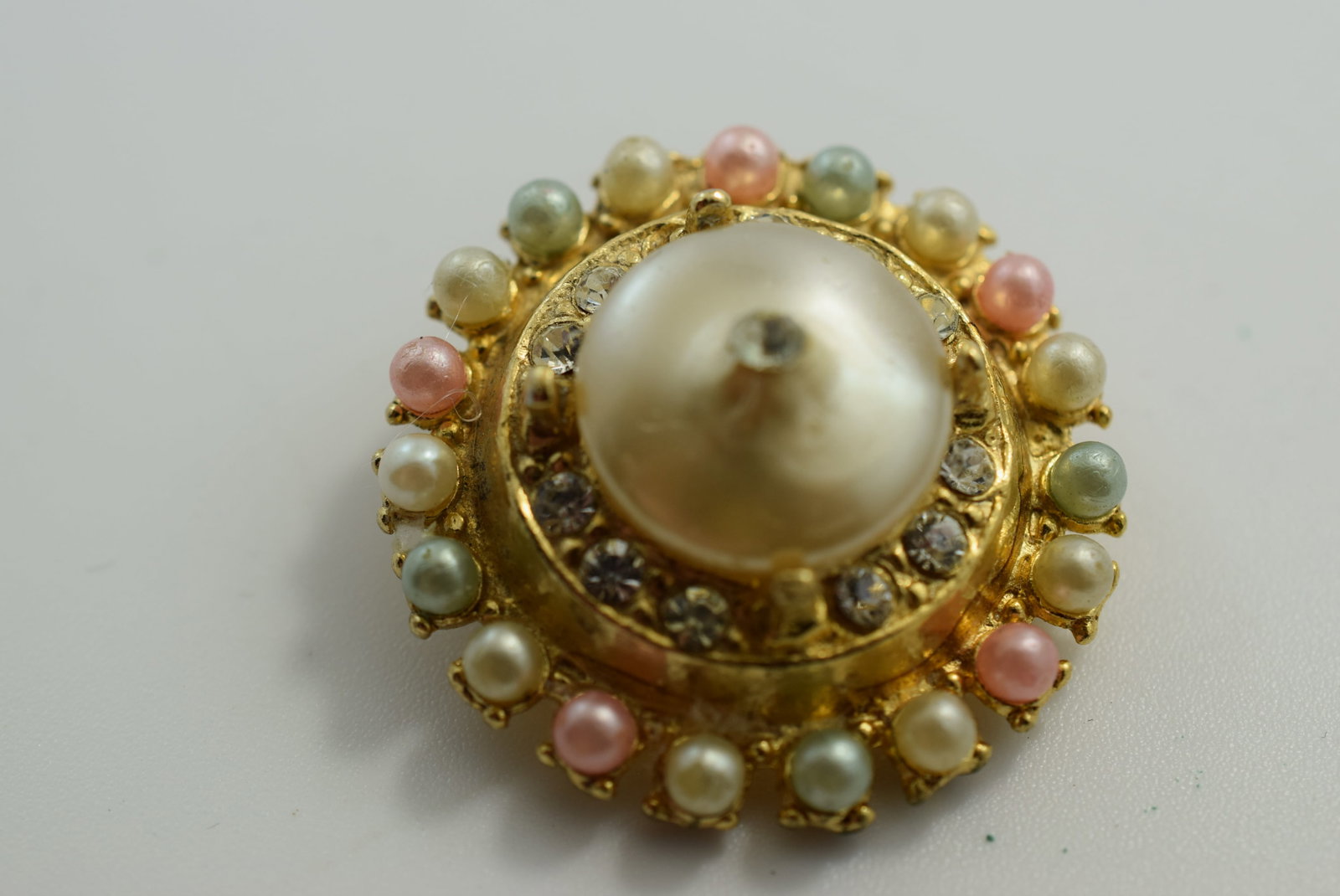 Rhinestone Faux Pearl Brooch Pin 1 1/4" Vintage Lot # JM 938: Rhinestone Faux Pearl Brooch Pin 1 1/4" Vintage