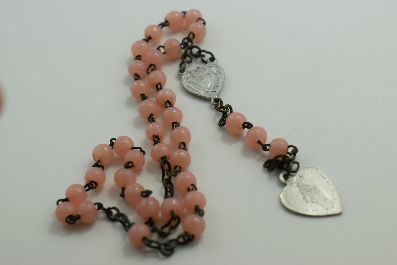 Old Pink Glass Partial Rosary Mini 12" plus Drop 3" Vintage Lot # JM 1020 (1 of 2)