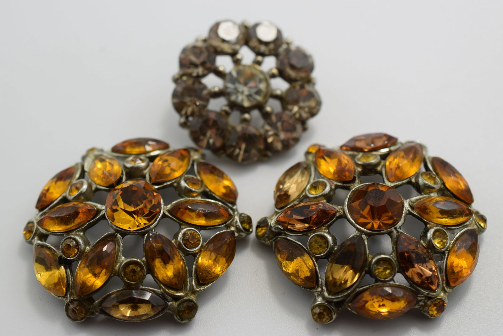Button Rhinestone Three 1940's 1 1/2" and smallest 1 1/8" Vintage Lot # JM 1039 (1 of 2)