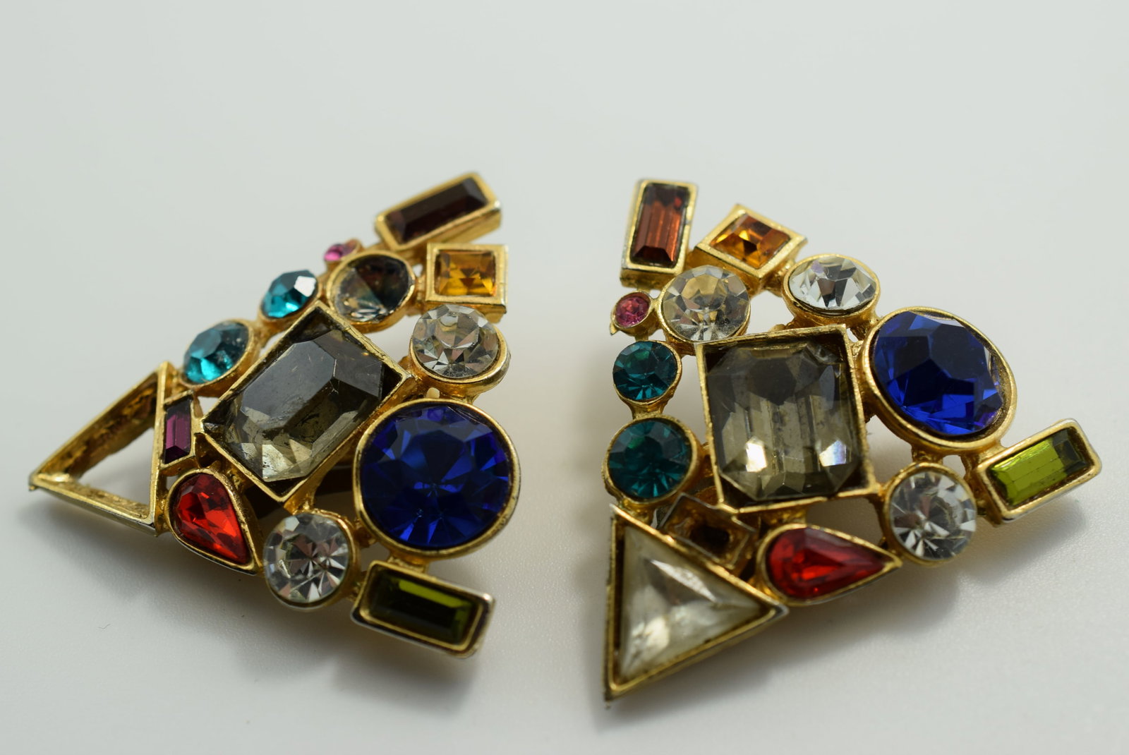Rhinestone Ecclectic Clip earrings 1 3/4" Vintage Lot # JM 1054 (1 of 2)