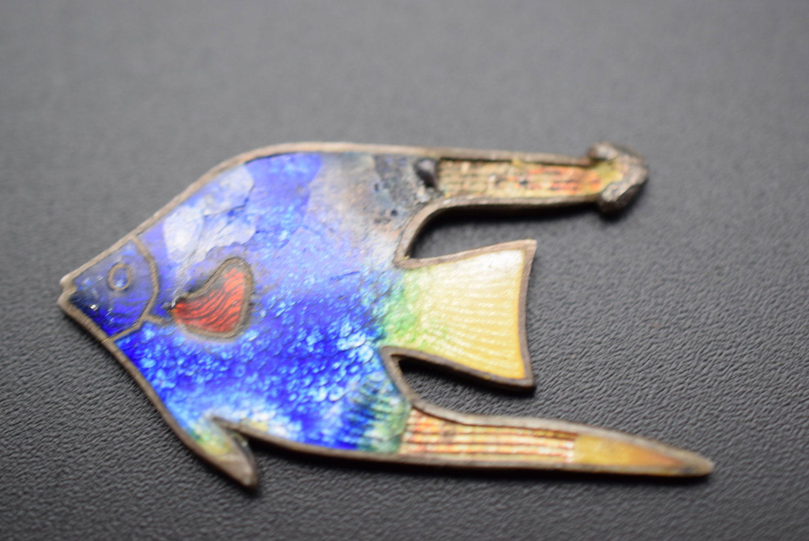 Enamel Fish Sterling Silver 925 no pin Lot 1112: Enamel Fish Sterling Silver 925 no pin back measures 1 3/8" x 7/8" signed Sterling